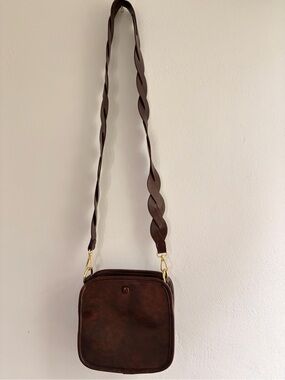 Anthropologie Bette Square Brown Vegan Leather Crossbody Bag Braided Strap